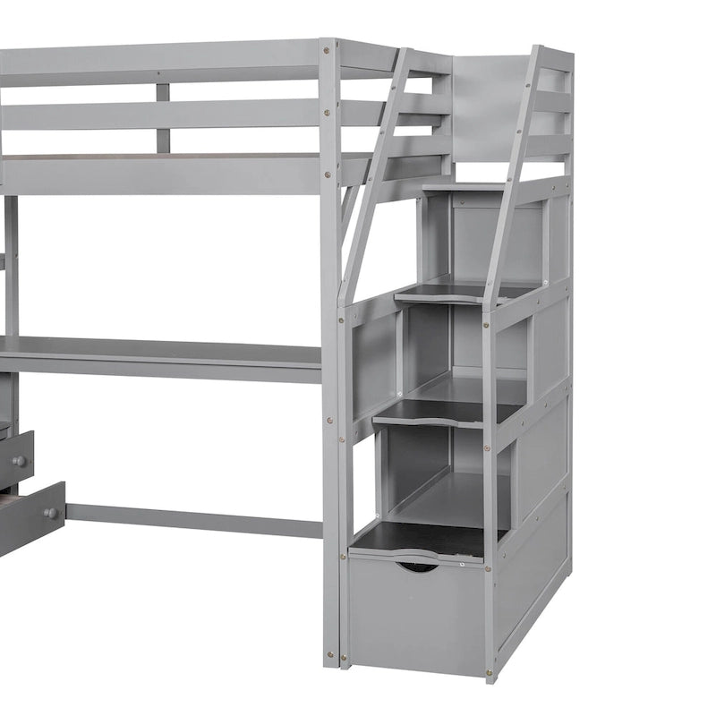 Twin Size Loft Bed w/Desk,Shelves,Built-in Drawers,Storage Staircase