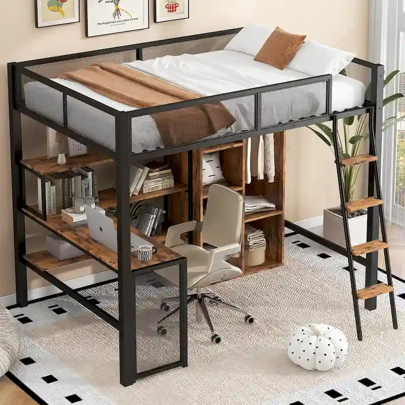 Full Metal Loft Bed with Workstation & Wardrobe
