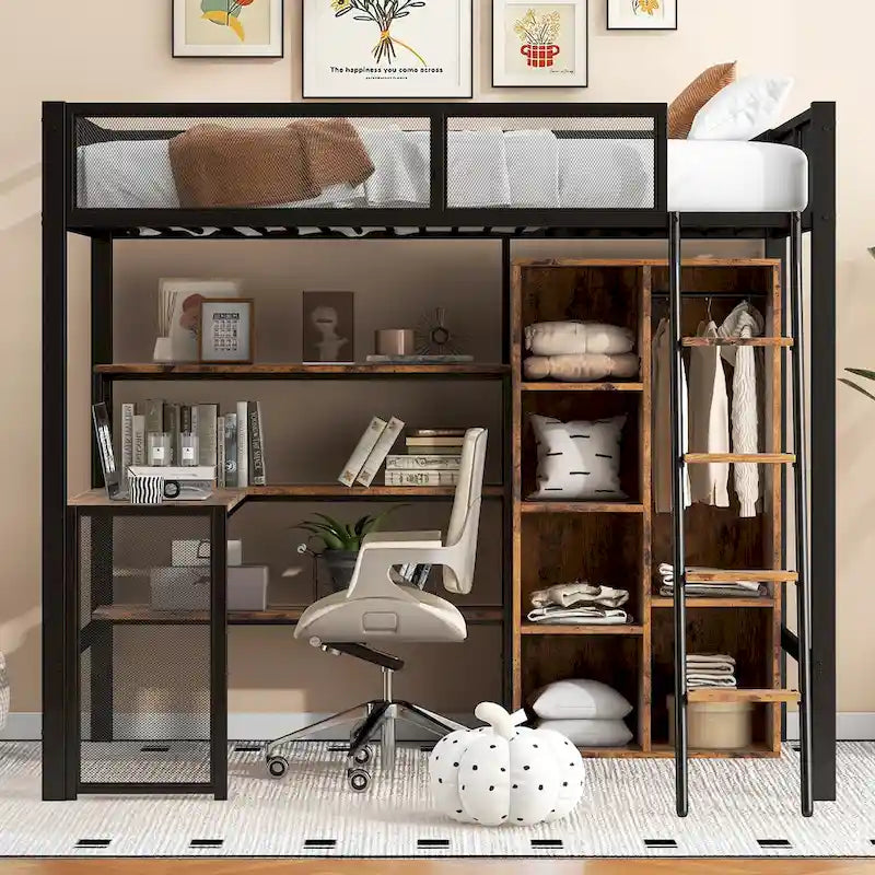 Full Metal Loft Bed with Workstation & Wardrobe