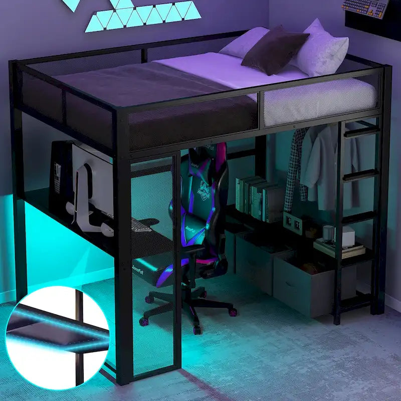 Full Metal Gaming Loft Bed with LED, Desk & Drawers