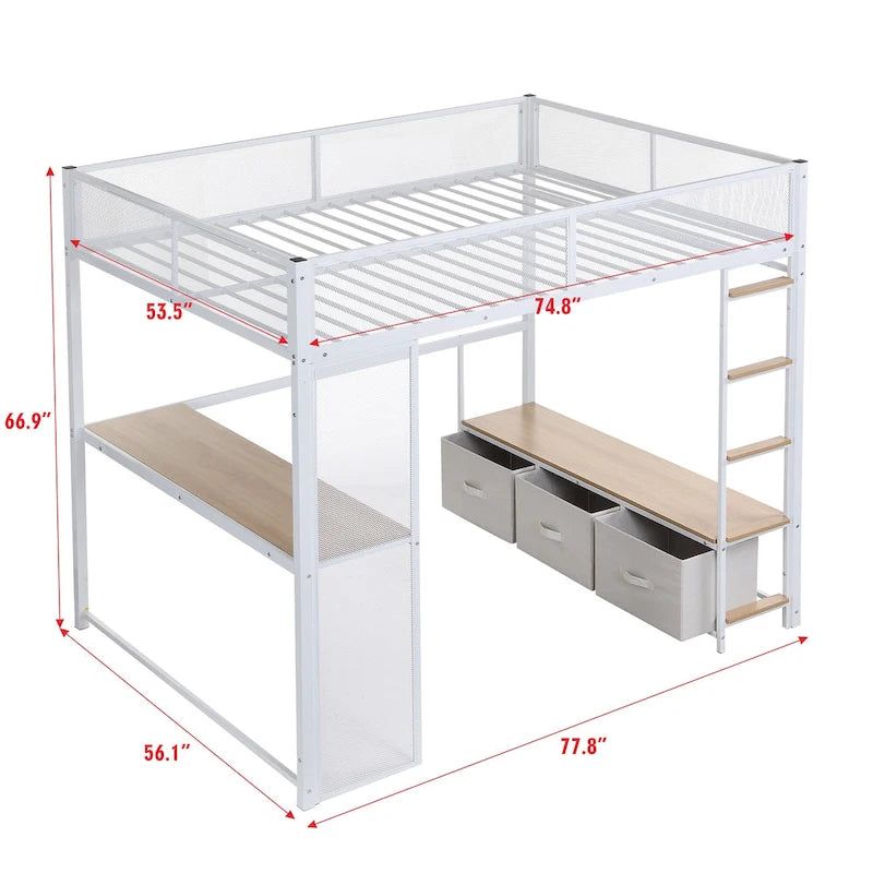 Full Metal Gaming Loft Bed with LED, Desk & Drawers