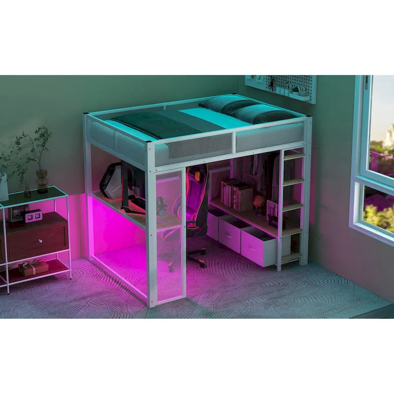 Full Metal Gaming Loft Bed with LED, Desk & Drawers