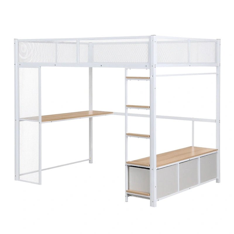 Full Metal Gaming Loft Bed with LED, Desk & Drawers