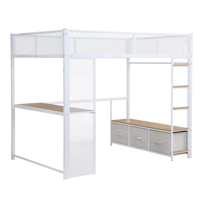 Full Metal Gaming Loft Bed with LED, Desk & Drawers