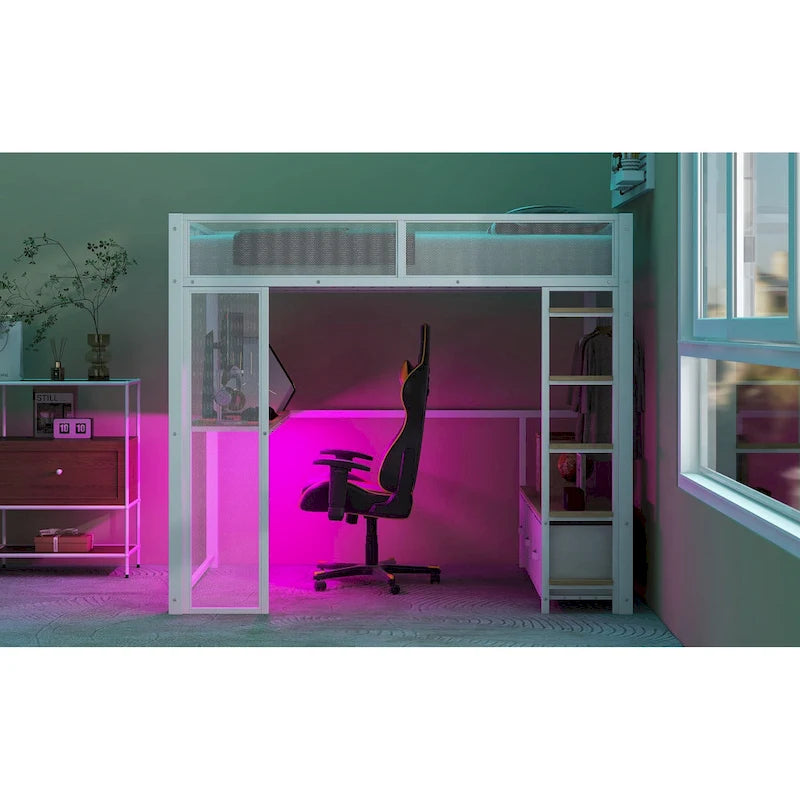 Full Metal Gaming Loft Bed with LED, Desk & Drawers