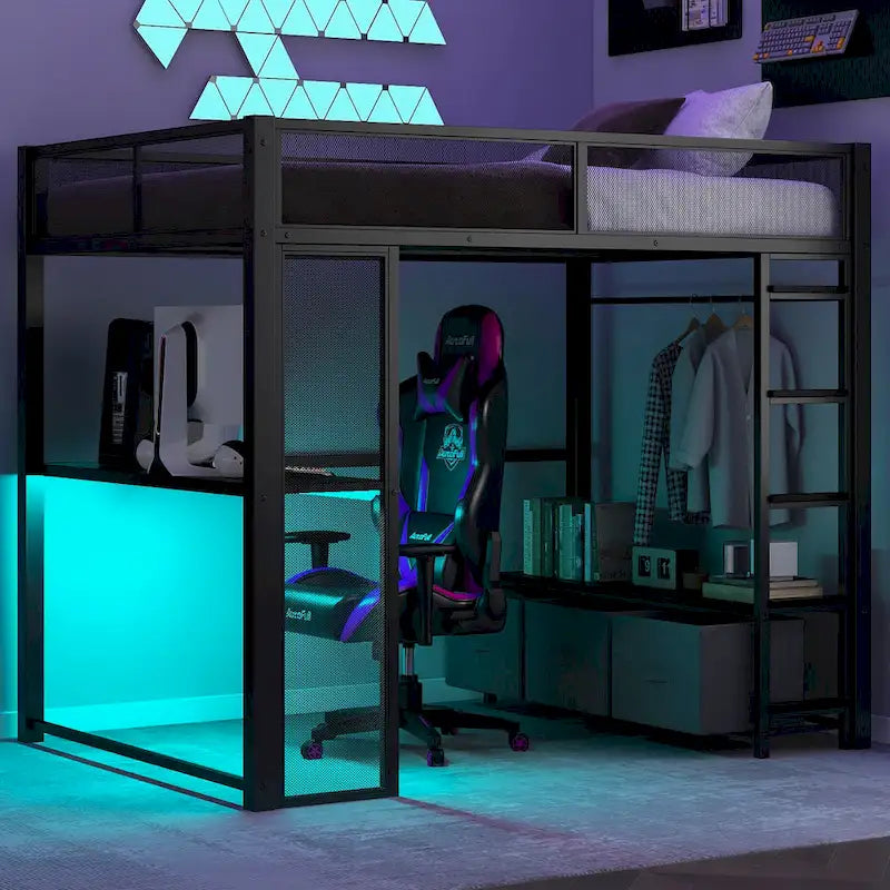 Full Metal Gaming Loft Bed with LED, Desk & Drawers