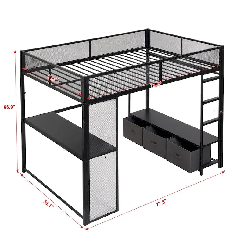 Full Metal Gaming Loft Bed with LED, Desk & Drawers