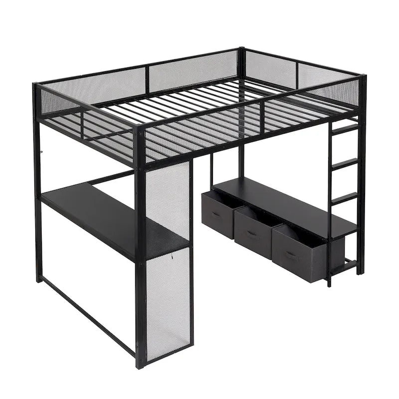 Full Metal Gaming Loft Bed with LED, Desk & Drawers