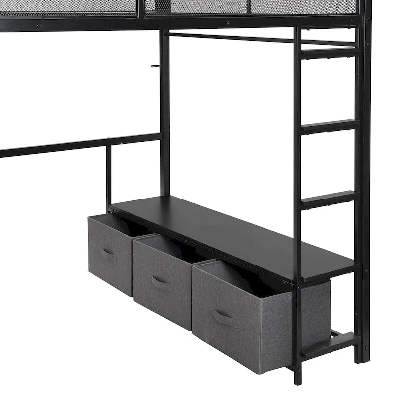 Full Metal Gaming Loft Bed with LED, Desk & Drawers