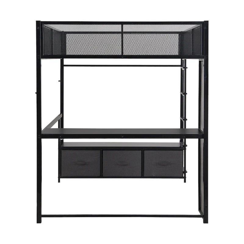 Full Metal Gaming Loft Bed with LED, Desk & Drawers