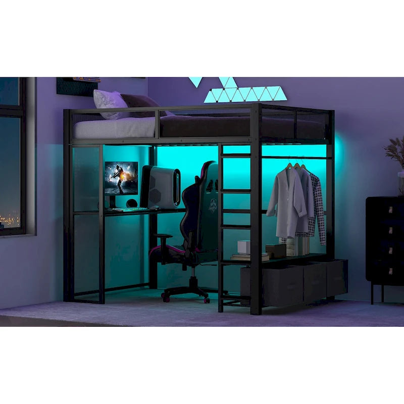 Full Metal Gaming Loft Bed with LED, Desk & Drawers