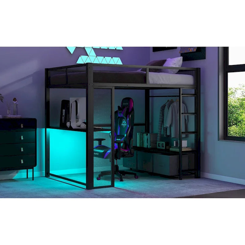 Full Metal Gaming Loft Bed with LED, Desk & Drawers
