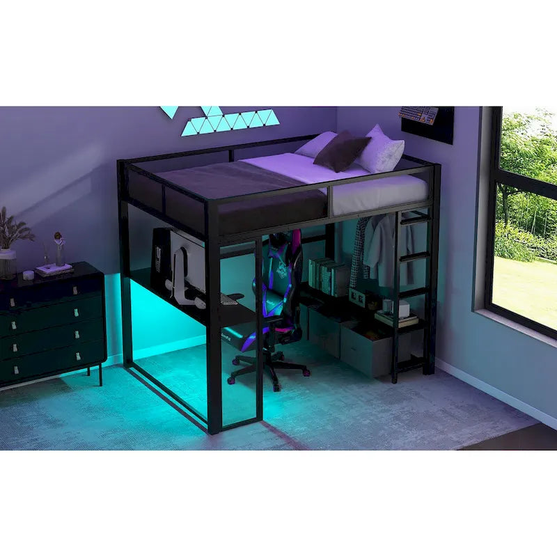 Full Metal Gaming Loft Bed with LED, Desk & Drawers