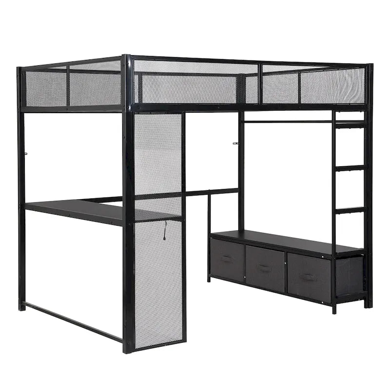 Full Metal Gaming Loft Bed with LED, Desk & Drawers
