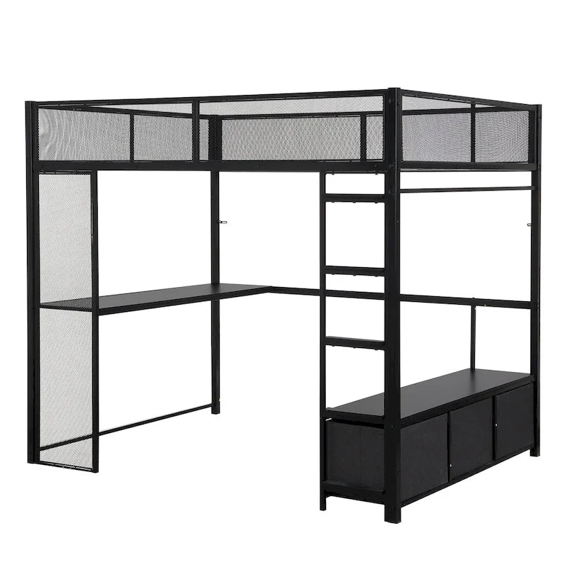 Full Metal Gaming Loft Bed with LED, Desk & Drawers