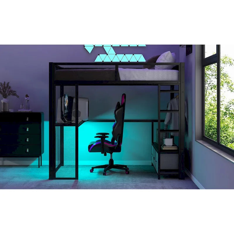 Full Metal Gaming Loft Bed with LED, Desk & Drawers
