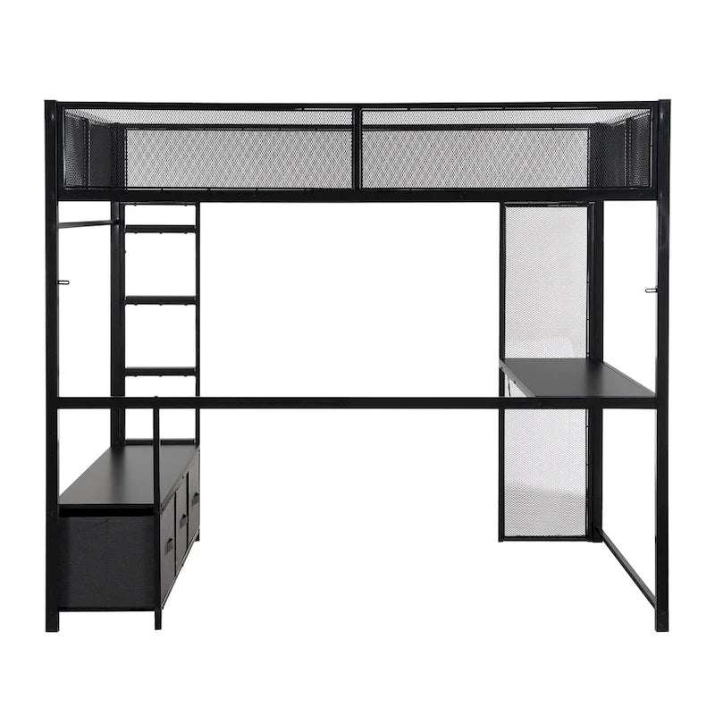 Full Metal Gaming Loft Bed with LED, Desk & Drawers