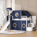 Twin Loft Bed with Play Tent, Tower & Castle Design, Solid Wood Frame