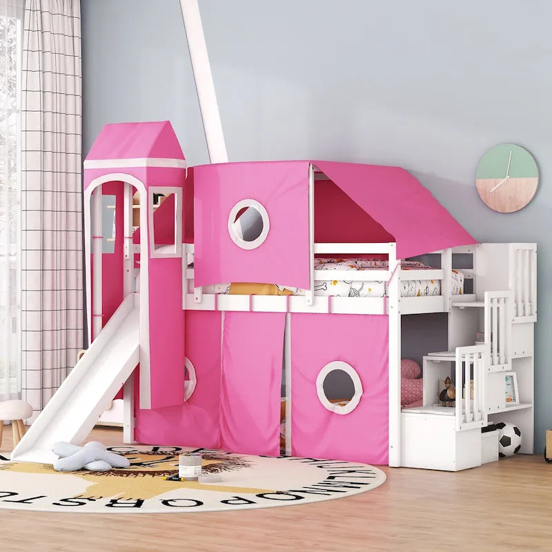 Twin Loft Bed with Play Tent, Tower & Castle Design, Solid Wood Frame