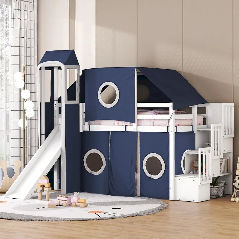 Twin Loft Bed with Play Tent, Tower & Castle Design, Solid Wood Frame
