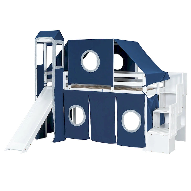 Twin Loft Bed with Play Tent, Tower & Castle Design, Solid Wood Frame