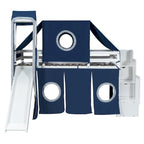 Twin Loft Bed with Play Tent, Tower & Castle Design, Solid Wood Frame