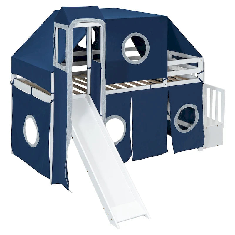 Twin Loft Bed with Play Tent, Tower & Castle Design, Solid Wood Frame