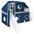 Twin Loft Bed with Play Tent, Tower & Castle Design, Solid Wood Frame
