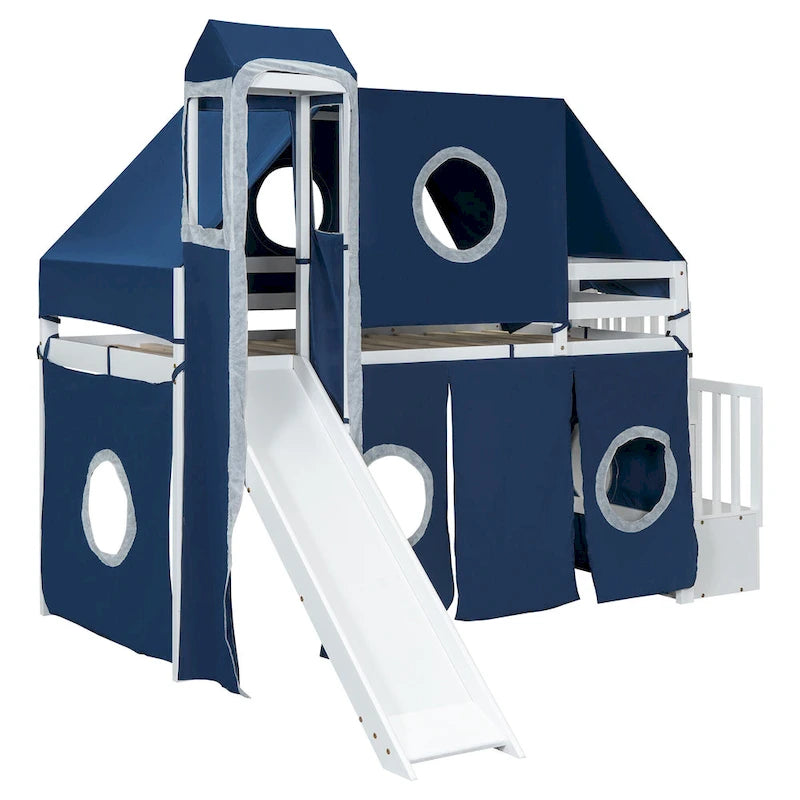 Twin Loft Bed with Play Tent, Tower & Castle Design, Solid Wood Frame