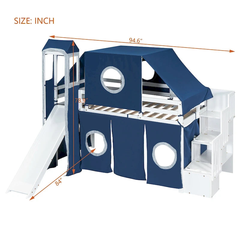Twin Loft Bed with Play Tent, Tower & Castle Design, Solid Wood Frame