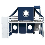 Twin Loft Bed with Play Tent, Tower & Castle Design, Solid Wood Frame