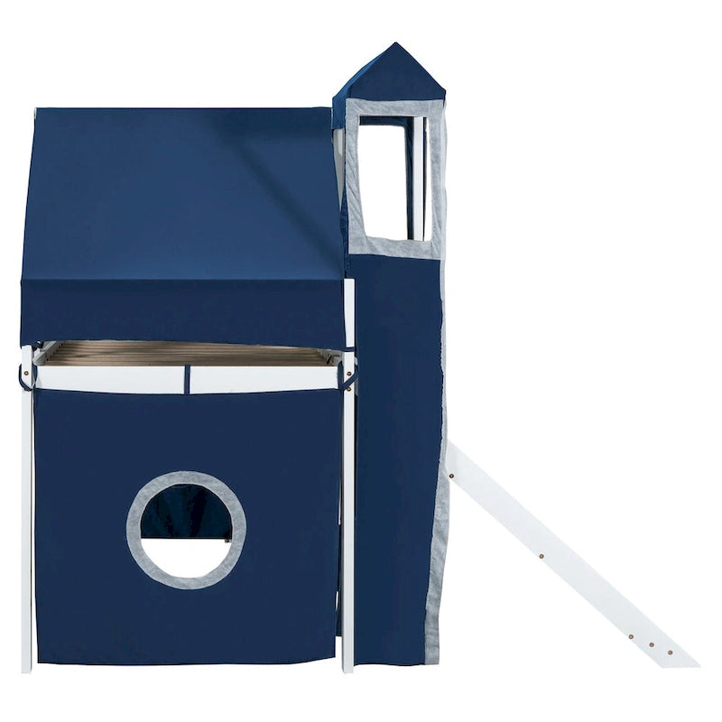 Twin Loft Bed with Play Tent, Tower & Castle Design, Solid Wood Frame