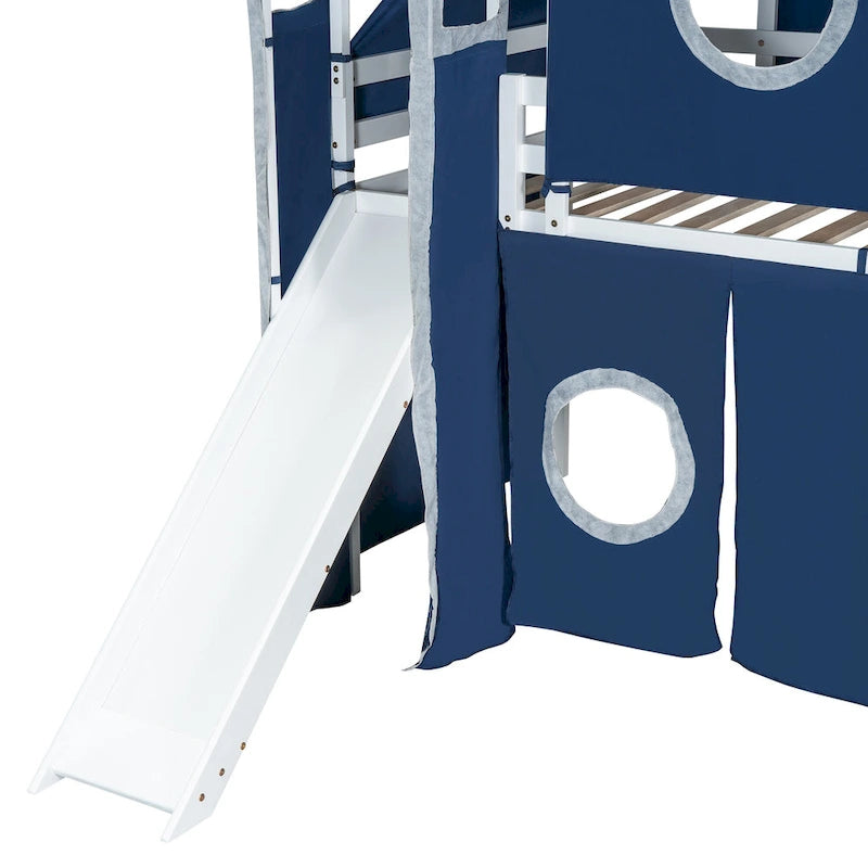 Twin Loft Bed with Play Tent, Tower & Castle Design, Solid Wood Frame