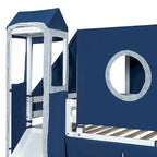 Twin Loft Bed with Play Tent, Tower & Castle Design, Solid Wood Frame