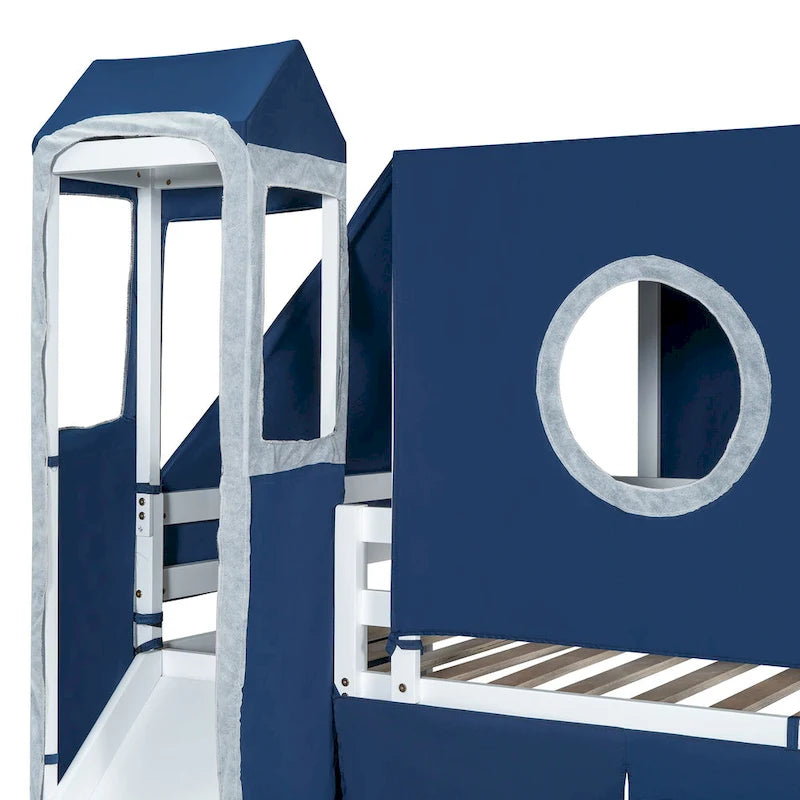 Twin Loft Bed with Play Tent, Tower & Castle Design, Solid Wood Frame