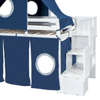 Twin Loft Bed with Play Tent, Tower & Castle Design, Solid Wood Frame