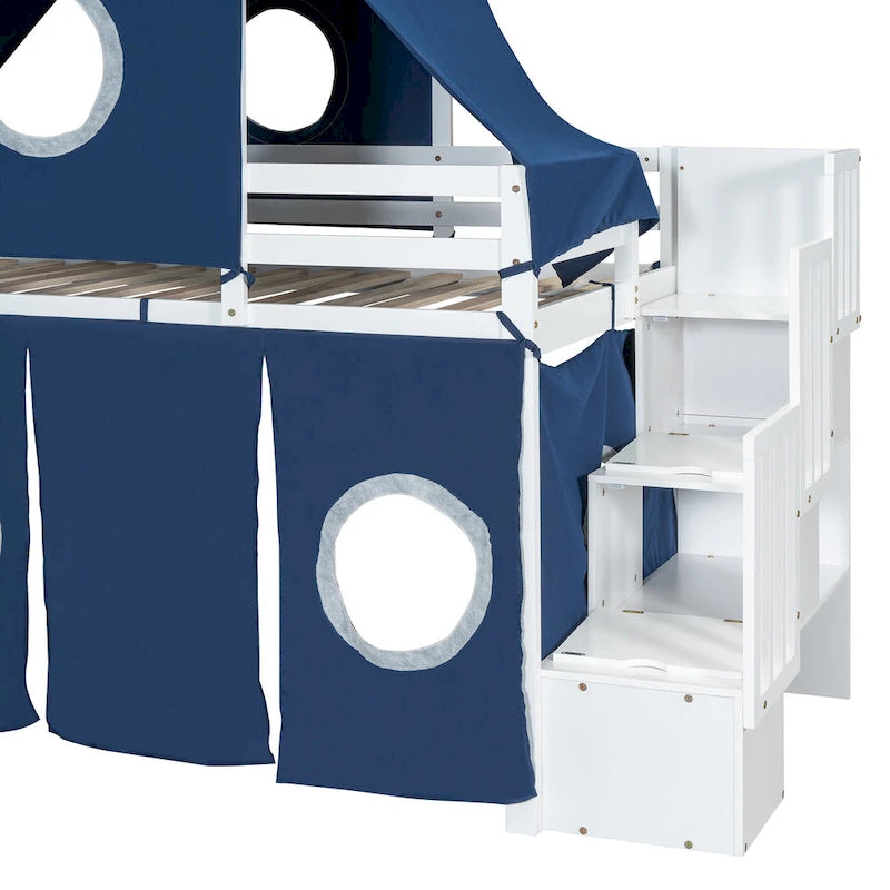 Twin Loft Bed with Play Tent, Tower & Castle Design, Solid Wood Frame