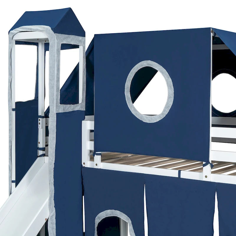 Twin Loft Bed with Play Tent, Tower & Castle Design, Solid Wood Frame