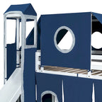 Twin Loft Bed with Play Tent, Tower & Castle Design, Solid Wood Frame