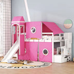 Twin Loft Bed with Play Tent, Tower & Castle Design, Solid Wood Frame