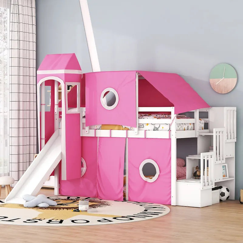 Twin Loft Bed with Play Tent, Tower & Castle Design, Solid Wood Frame