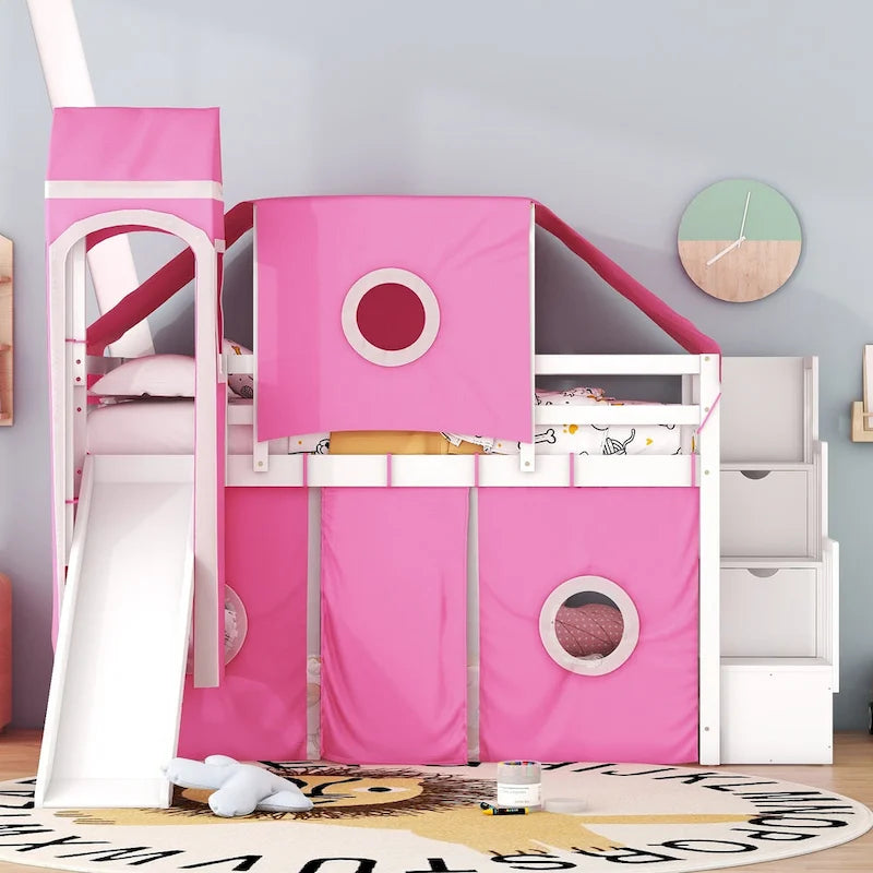 Twin Loft Bed with Play Tent, Tower & Castle Design, Solid Wood Frame