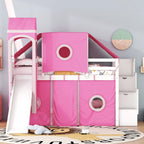 Twin Loft Bed with Play Tent, Tower & Castle Design, Solid Wood Frame