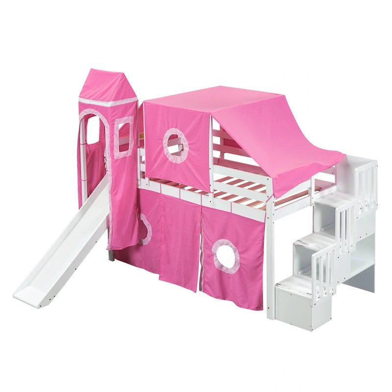 Twin Loft Bed with Play Tent, Tower & Castle Design, Solid Wood Frame