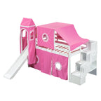 Twin Loft Bed with Play Tent, Tower & Castle Design, Solid Wood Frame