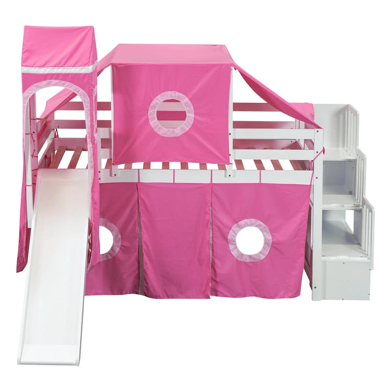 Twin Loft Bed with Play Tent, Tower & Castle Design, Solid Wood Frame