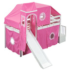 Twin Loft Bed with Play Tent, Tower & Castle Design, Solid Wood Frame