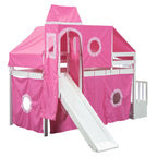Twin Loft Bed with Play Tent, Tower & Castle Design, Solid Wood Frame