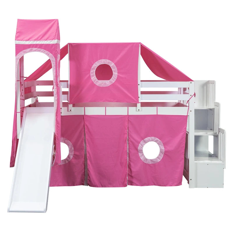 Twin Loft Bed with Play Tent, Tower & Castle Design, Solid Wood Frame