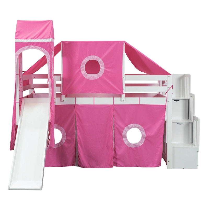 Twin Loft Bed with Play Tent, Tower & Castle Design, Solid Wood Frame
